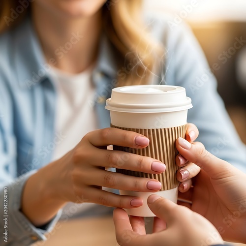 Two hands exchange a steaming hot cup of coffee with a ribbed sleeve