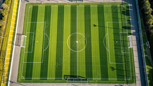 Aerial view of a soccer field with striped green grass during daylight with goalposts and center circle