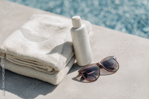 Gen Z . sun protection and summer care. Brown sunglasses resting on beige towel beside bottle of sunscreen on sandy beach, summer relaxation essentials