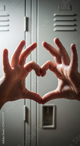 Two hands forming a heart shape against a background of gray metal lockers