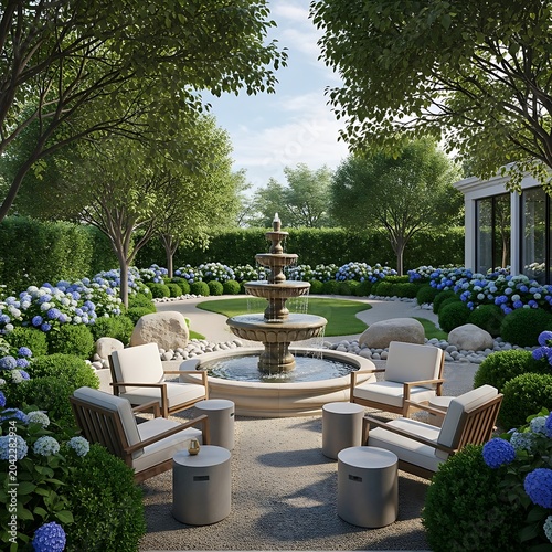 Tranquil garden sanctuary with tiered fountain, lush hydrangeas, and modern seating