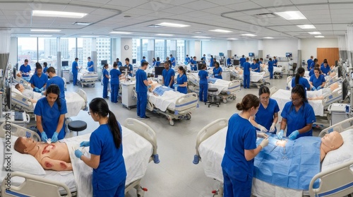 Nursing students practicing clinical skills in a modern hospital simulation lab.