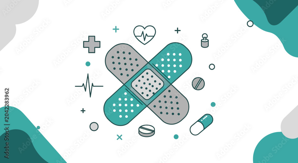 Fototapeta premium Medical Bandages And Healthcare Icons For Recovery And Wellness Concepts