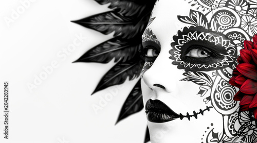 Clean white backdrop Venetian Mexican mask black red floral ornament symmetry artistic design layout