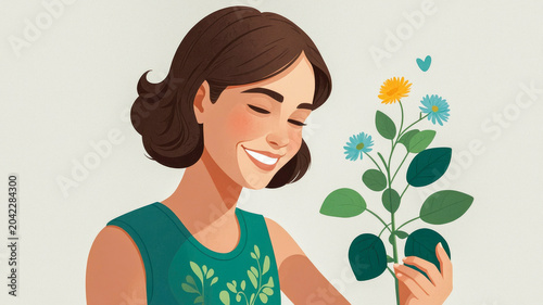 Female empowerment portrait showing confident mother celebrating with colorful flowers composition