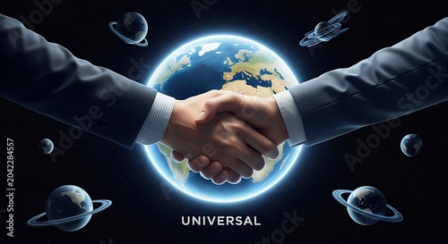 Two hands in suits shake over a glowing Earth, surrounded by planets