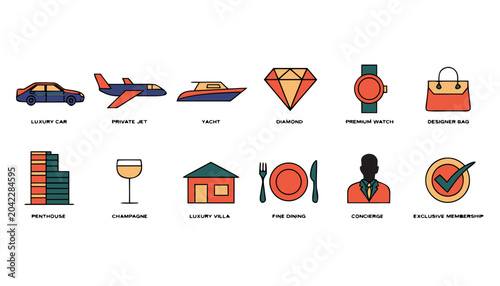 Luxury travel, finance, and lifestyle icons set, 12 elements, colorful vector graphics