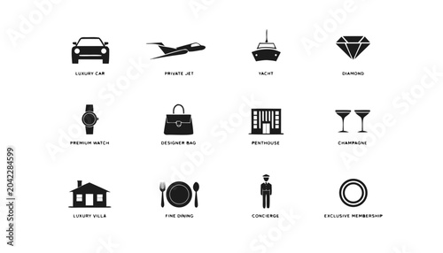Luxury travel, transportation, and lifestyle icons, 12 black silhouette symbols