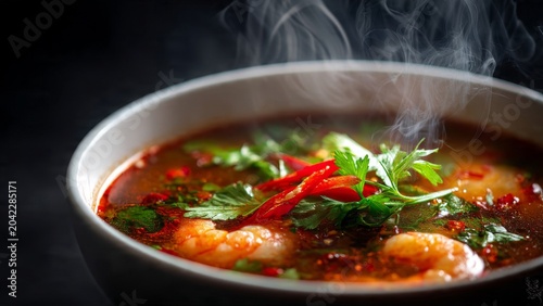 Savoring a steaming bowl of spicy thai tom yum soup with shrimp and fresh herbs cozy restaurant setting culinary delight aromatic atmosphere