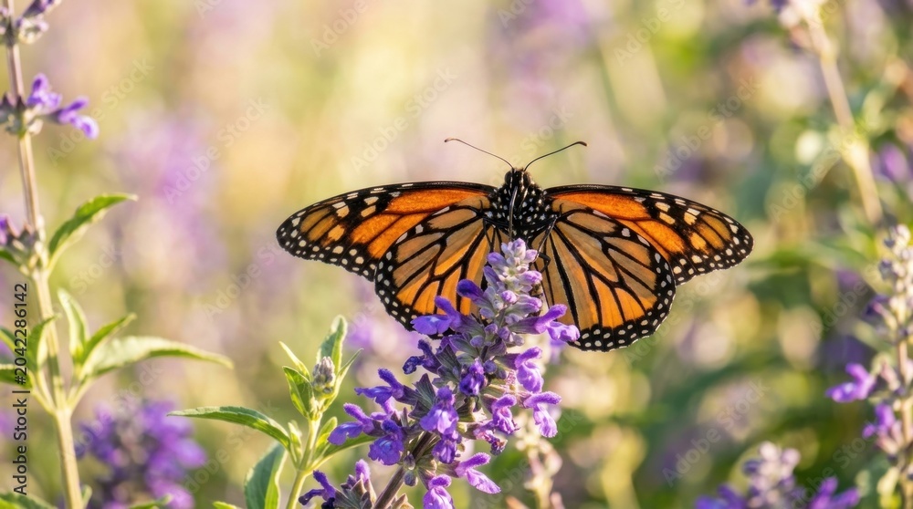 Obraz premium A vibrant monarch butterfly rests delicately on a purple salvia plant, surrounded by a blurred background of other purple flowers.