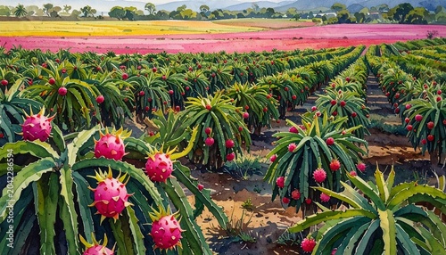Dragon fruit farm with cactus plants, tropical agriculture and exotic produce cultivation