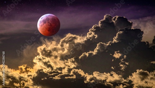 Blood moon above glowing clouds, dramatic twilight sky scene