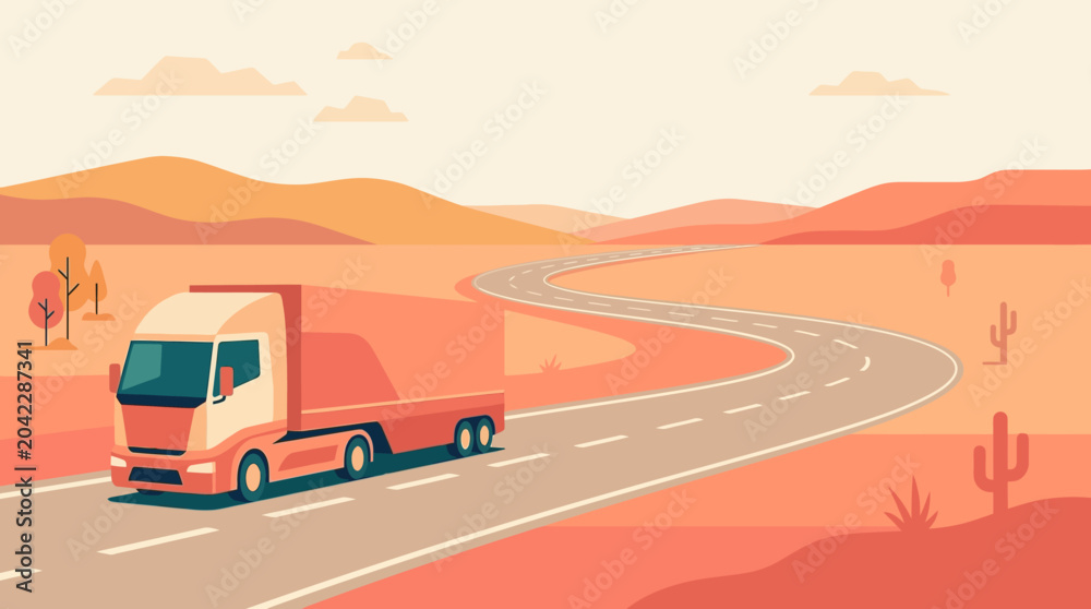 Obraz premium Flat Design Vector Illustration of a Cargo Truck Driving on a Winding Desert Highway for Logistics and Delivery Services