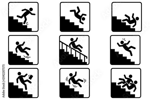 Warning icons illustrating various ways people fall down stairs, emphasizing danger, risks, and the critical importance of safety awareness and accident prevention
