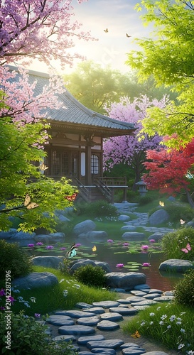 Tranquil Japanese garden with blooming cherry trees, pond, and traditional pavilion
