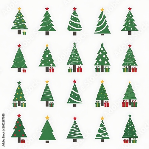 Twenty festive, stylized Christmas trees adorned with ornaments and presents