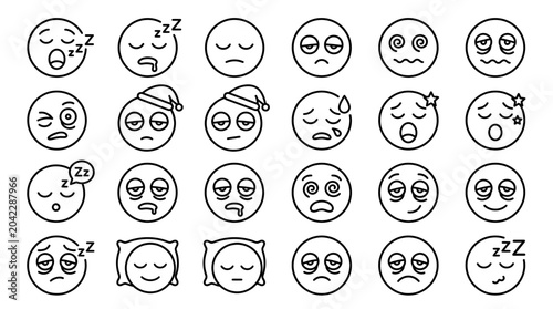 Foto Collection of Sleepy and Tired Emoji Faces - Line Art