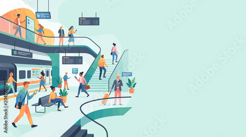Modern Public Transportation Hub Vector Illustration with Commuters and Train - Flat Design Travel Concept with Copy Space