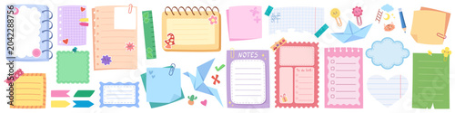 Cute memo paper collection with adorable sticker frames and diary elements. Vector notebook designs with kid friendly doodle illustrations, planner pages and scrapbook tape labels for school projects