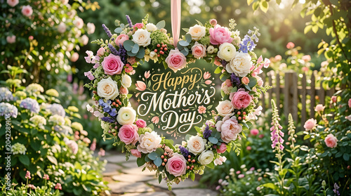 Heart shaped Happy Mothers Day floral wreath with pink and white roses in garden transparent background