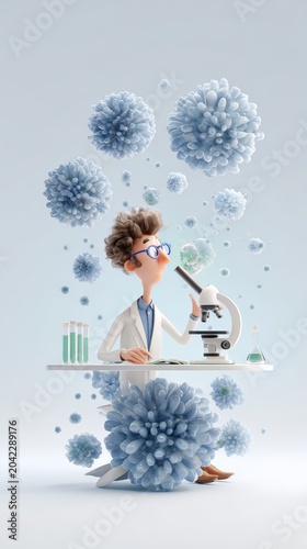 3d cartoon male scientist examining hantavirus particles with microscope and lab equipment for educational poster background and science banner design
