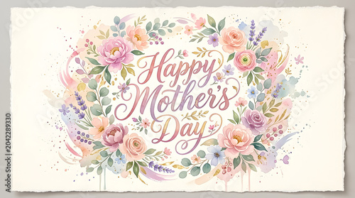 Happy Mothers Day floral wreath with flowers and leaves on white background transparent background