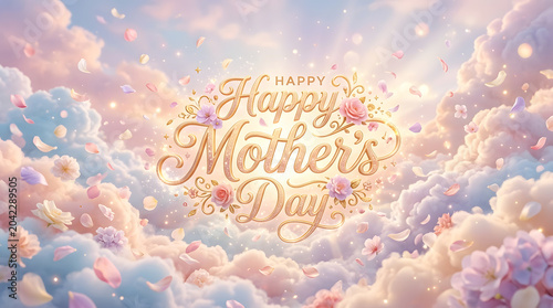 Happy Mothers Day celebration with flowers and clouds in the sky transparent background