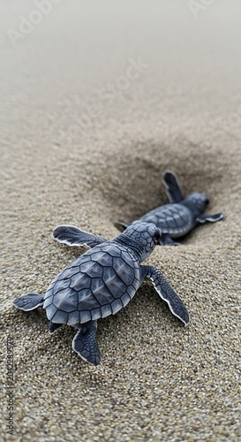 Two hatchling sea turtles emerge from sand on a beach, beginning their journey
