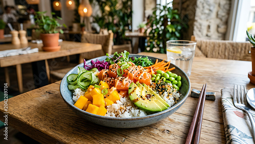 Colorful poke bowl with fresh salmon, avocado, mango, cucumber, rice and sesame seeds arranged beautifully in modern restaurant style, vibrant healthy food presentation