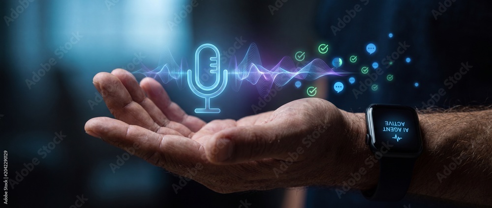 Fototapeta premium Man's hand with smartwatch displaying active agent and glowing microphone icon with sound wave