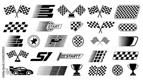 racing flags and symbols vector checkered start trophy car speed line silhouette black white background graphic design motorsport competition event icon
