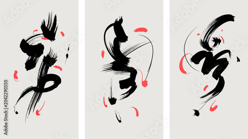 Bild auf Leinwand abstract brushstroke triptych artwork black red white background minimalist cont