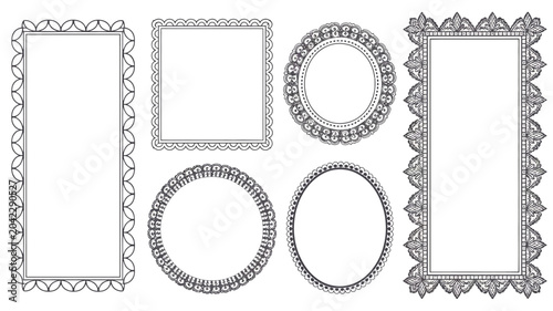 decorative frames vector illustration frame border ornate line art pattern design circle rectangle oval scalloped leaves dots graphic element template layout