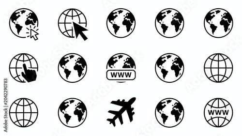 globe icons in flat black and white earth world planet map vector internet travel navigation global connection communication web www airplane