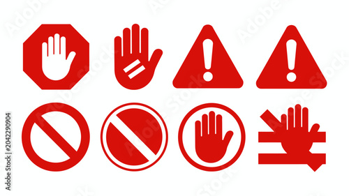 prohibition signs flat icon red warning stop hand triangle circle exclamation mark forbidden restriction symbol signal alert danger safety traffic regulation