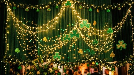 Festive green curtains are adorned with strings of golden fairy lights and shamrock decorations.