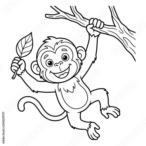 Monkey hanging from tree branch, holding leaf