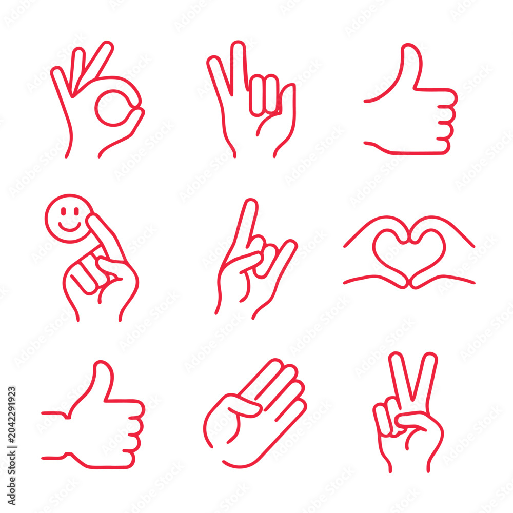 Fototapeta premium Collection of nine red line hand gestures on white background