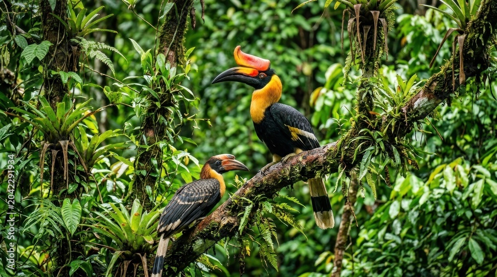 Fototapeta premium A male and female hornbill perch on a branch in a lush tropical forest.