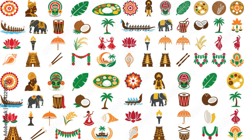 Fototapeta premium Onam Festival Icon Set Traditional Kerala Symbols Floral Pookalam Vector Collection