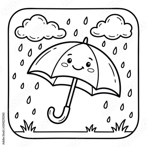 Smiling umbrella with raindrops, clouds, and grass
