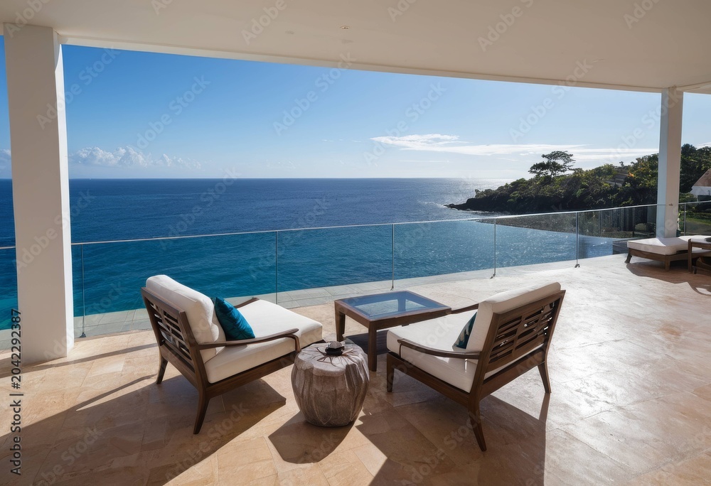 Fototapeta premium Luxury sunbeds on the terrace of a premium resort villa overlooking the blue ocean