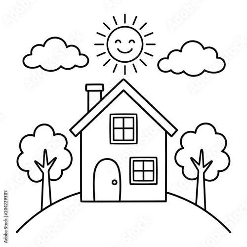 Simple house with trees, sun, and clouds line