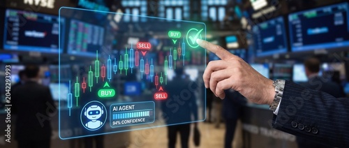 Businessman interacting with futuristic ai stock market trading interface in trading floor