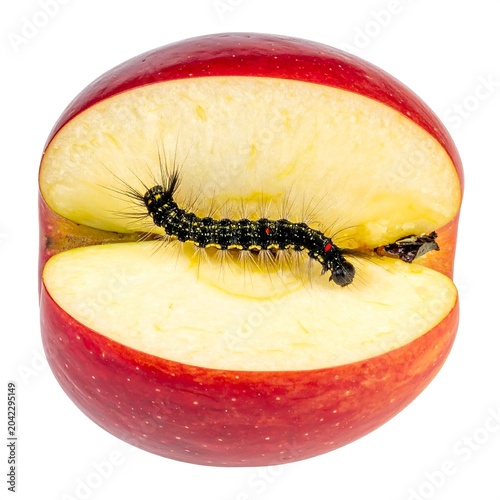 A cut red apple with a black caterpillar on the cut surface