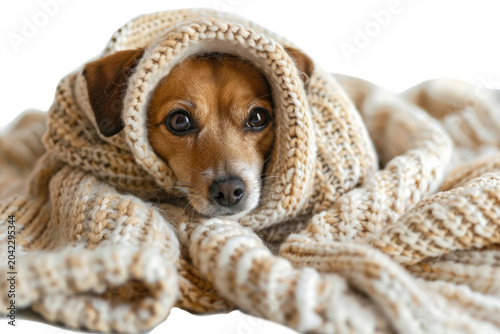 Cozy Canine: A Pup Wrapped in Warmth. White or PNG Transparent Background.
