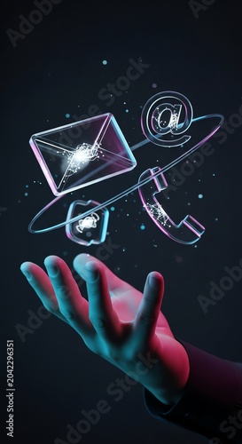 A hand outstretched under floating icons of email, phone, and symbols in space.