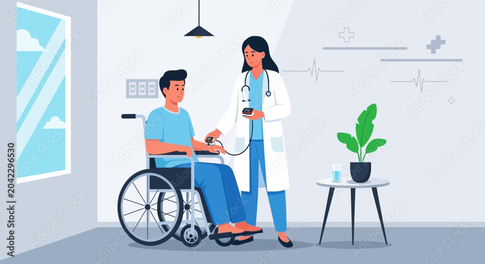 Fototapeta premium Medical Checkup Of A Patient In A Wheelchair Undergoing Blood Pressure Test