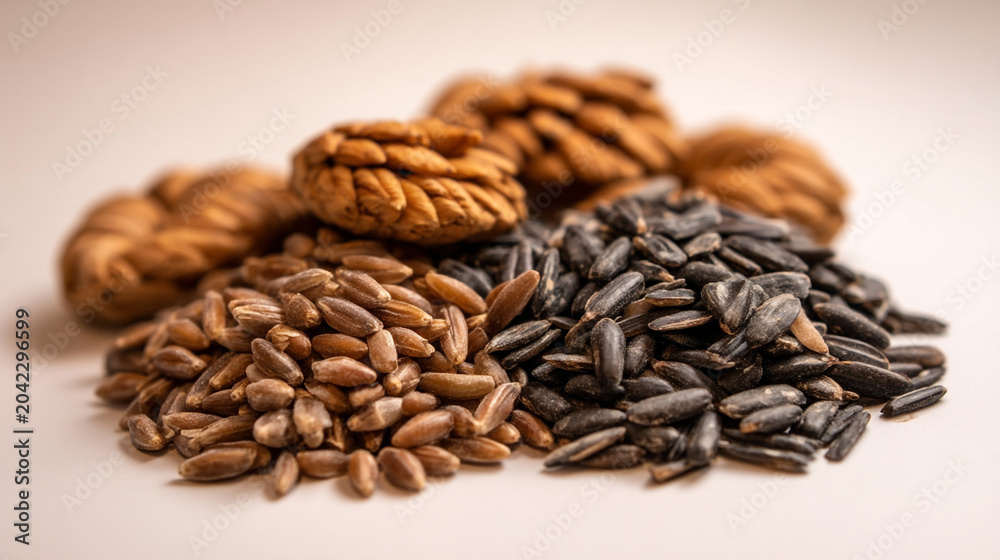 Fototapeta premium Assorted dry grains and seeds for healthy cooking pile with nutrition, ingredients