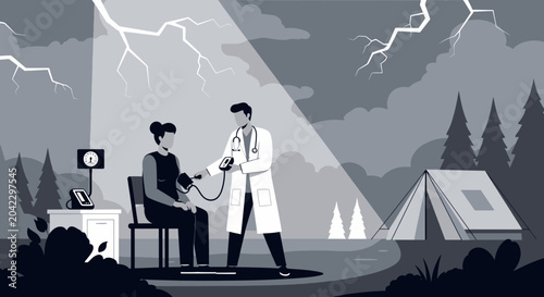 Medical Checkup Under Thunderstorm: Healthcare on Adventure, A Dramatic Illustration